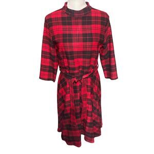 VLD Red Black Plaid Belted Midi Dress XL Tartan Check Fall Winter Academia